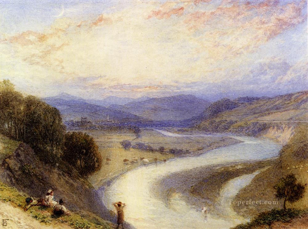 Melrose Abbey From The Banks Of The Tweed scenery Victorian Myles Birket Foster Landscapes stream Oil Paintings